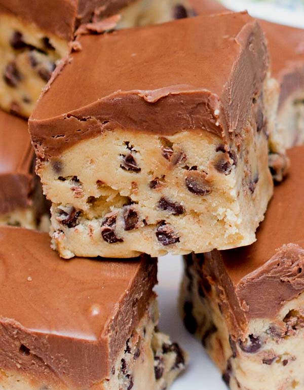 Cookie dough bars mixed with chocolate chip and topped off with peanut butter/chocolate frosting.