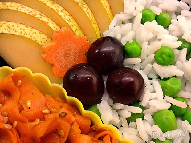 Reis mit Erbsen, Obst und Kinpira - Food Art