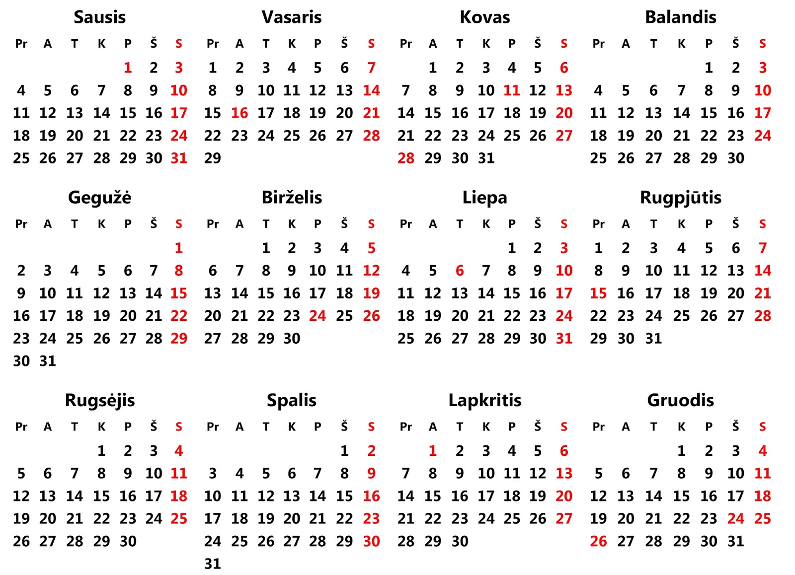 2016 Metai kalendorius