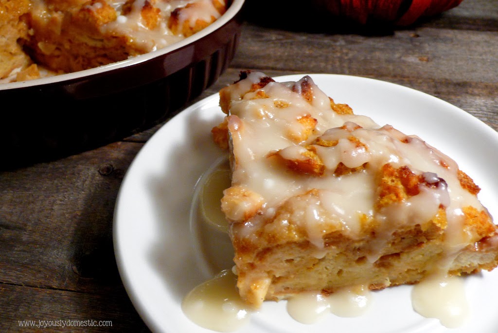 Joyously Domestic Pumpkin Bread Pudding with Apple Cider Butter Sauce