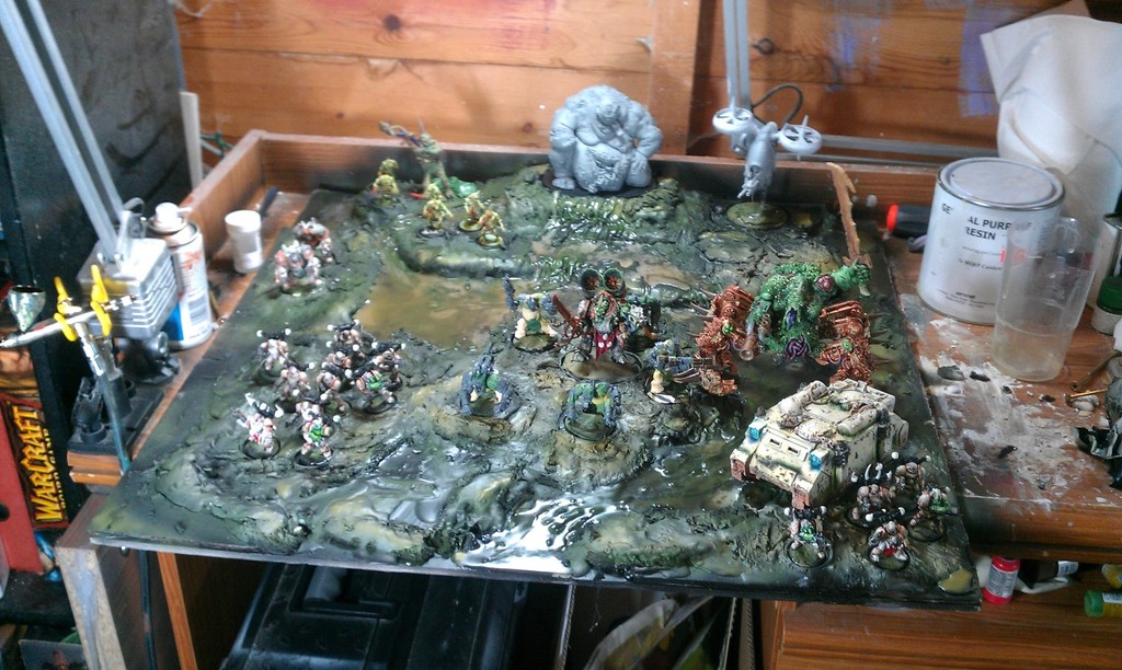 Tabletop Wars in Cambridge Nurgle armies on parade Progress 3. Display board with models on it!