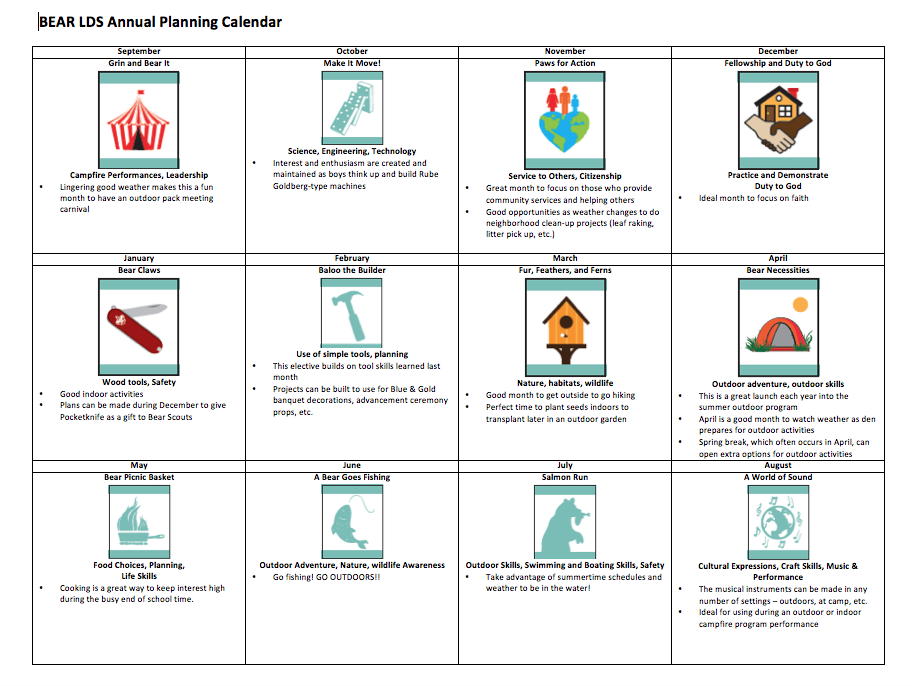 Cub Scout Love Bear LDS Annual Planning Calendar