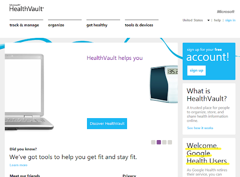 微軟的 HealthVault，首頁右下方歡迎 Google Health User 的搬家