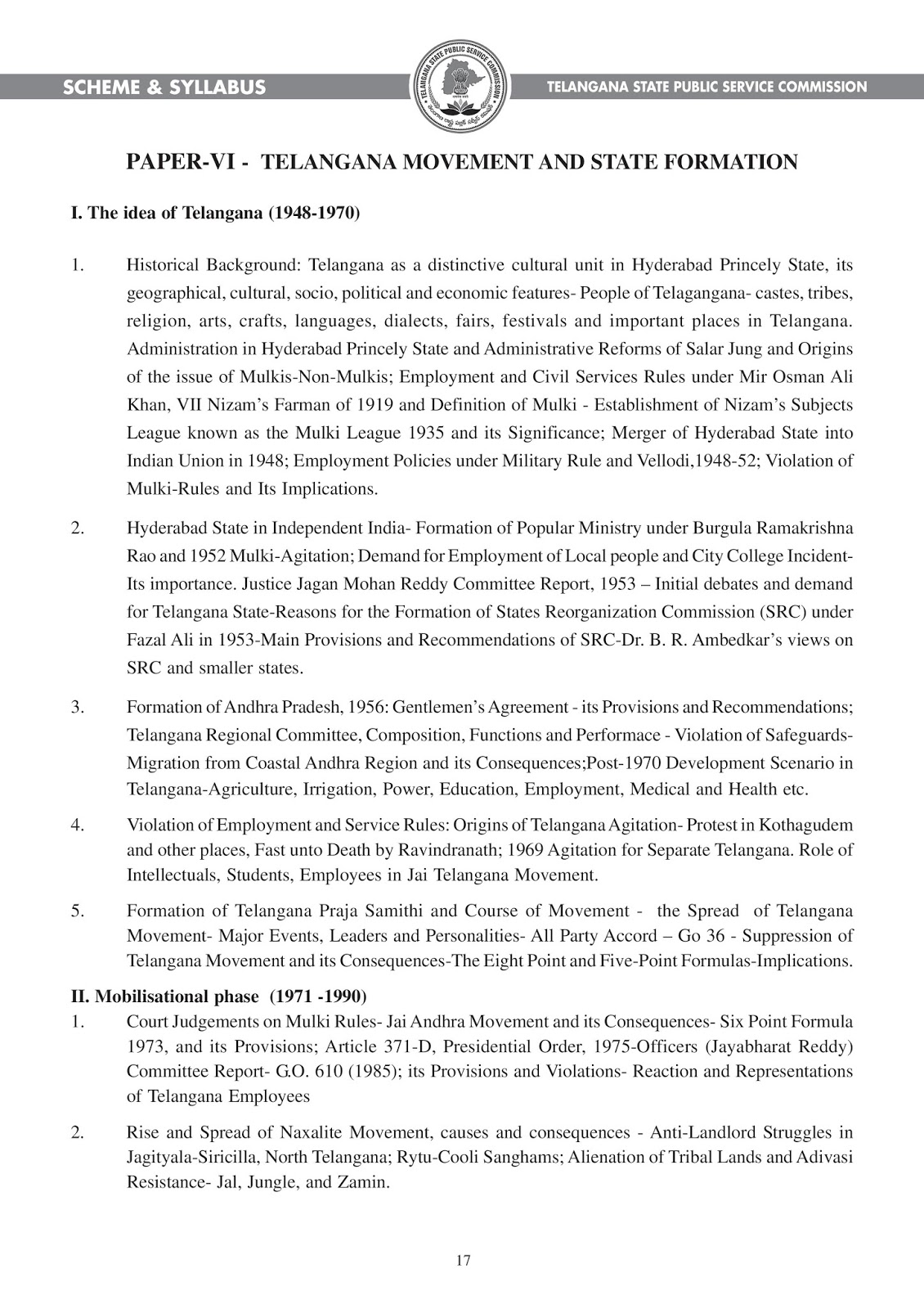 Telangana TSPSC Group 1 Services Posts Exam Paper -VI Syllabus Telangana TSPSC Group 1 Services Posts Exam Paper -VI Syllabus