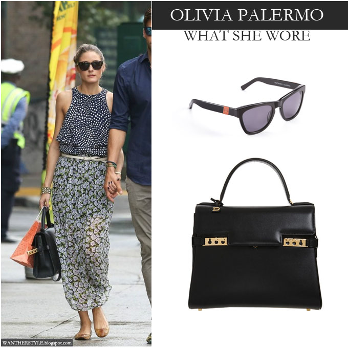 WHAT SHE WORE: Olivia Palermo in maxi floral print skirt, blue print top  with black leather handbag and black sunglasses in New York on September 12  ~ I want her style 