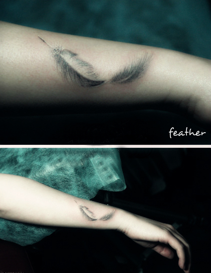 a feather tattoo on the arm shown from two angles