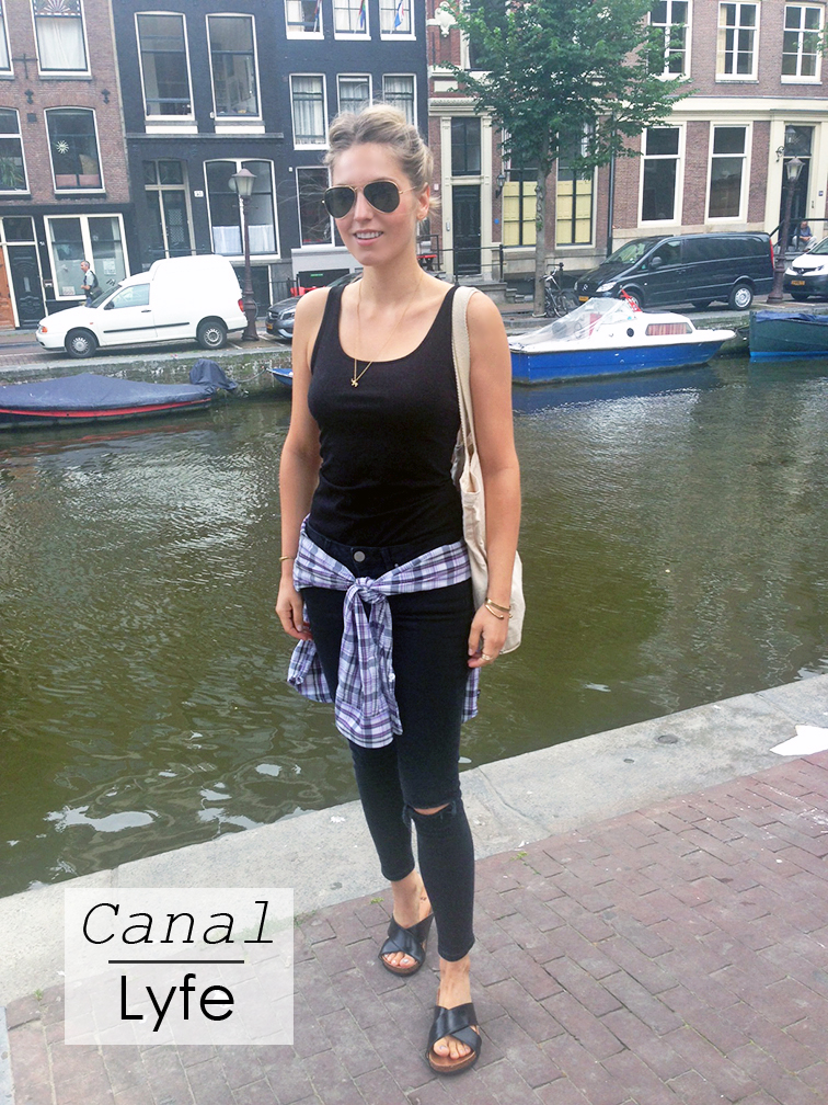Fashion Over Reason in Amsterdam, H&M black tank top, ASOS black denim, denim around the waist, H&M cork slides