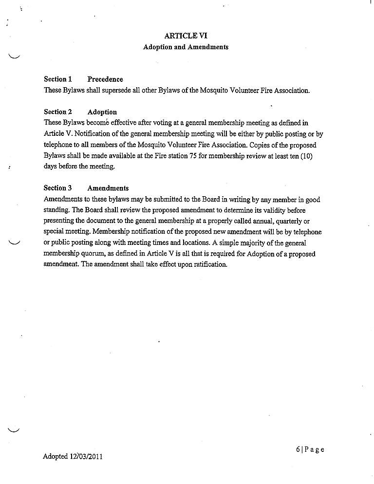MOSQUITO VOLUNTEER FIRE ASSOCIATION MVFA BYLAWS