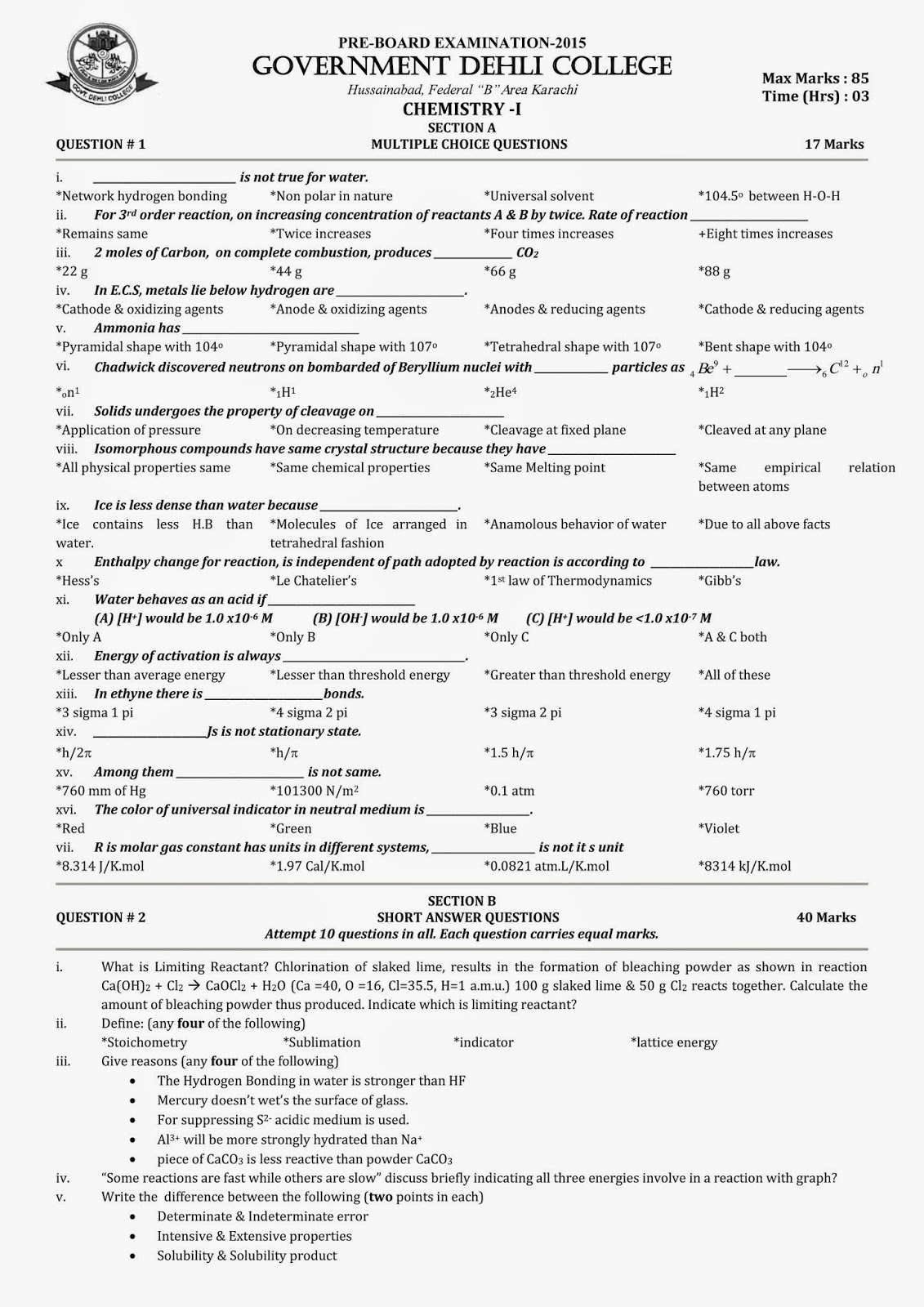 Pre Board Exam 2015 CHEMISTRYI (with solution to numericals)