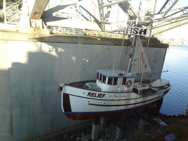 view of boat from Sandbar patio in Vancouver