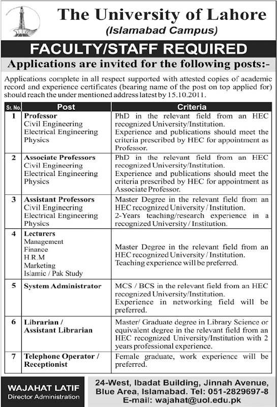 The University Of Lahore Jobs