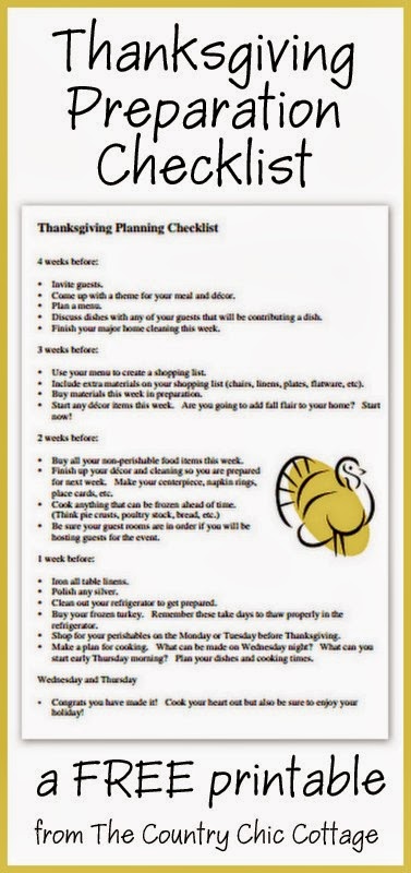 Thanksgiving Preparation Checklist -- a free printable to get you organized for the upcoming holiday. Start 4 weeks before the holiday preparing for the big day!