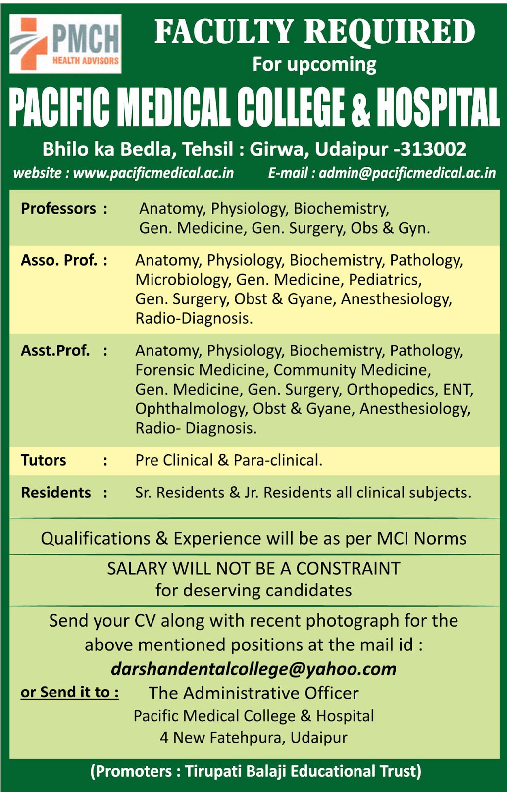 PACIFIC MEDICAL COLLEGE & HOSPITAL (UDAIPUR) REQUIRES PROFESSOR,ASSO