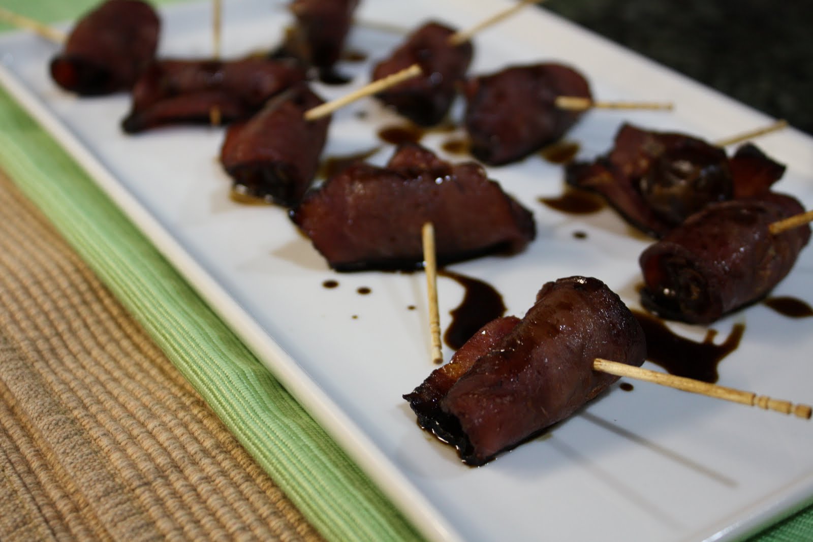 Playing Chef Turkey Bacon Wrapped Dates w/ Balsamic Reduction