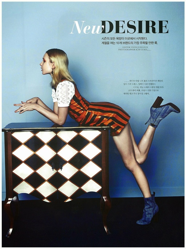 Muine Korea March 2015, Stephanie Cook Louis Vuitton SS 2015 Deep Yellow Stripes Dress Editorials