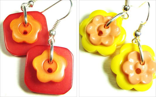 Button Girl Earrings Bold earrings have flower buttons layered over colorful fashion buttons