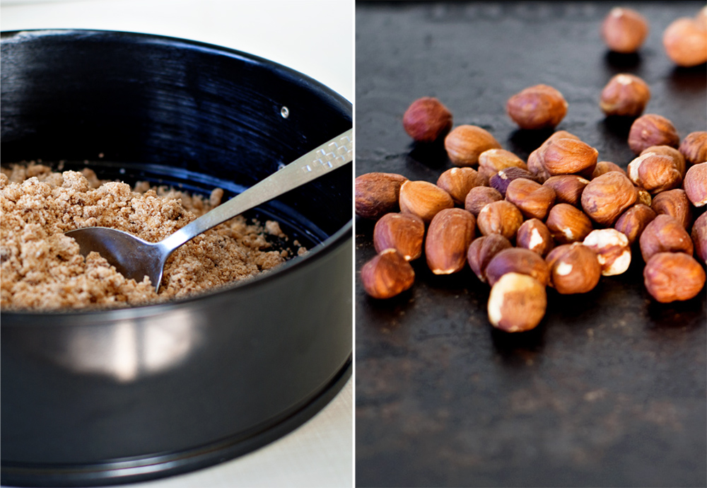 hazelnut crust and roasted hazelnuts hazelnut crust crumbs in a springform pan and roasted hazelnuts