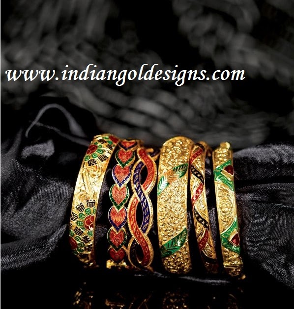 Gold and Diamond jewellery designs enamel bangles from tanishq