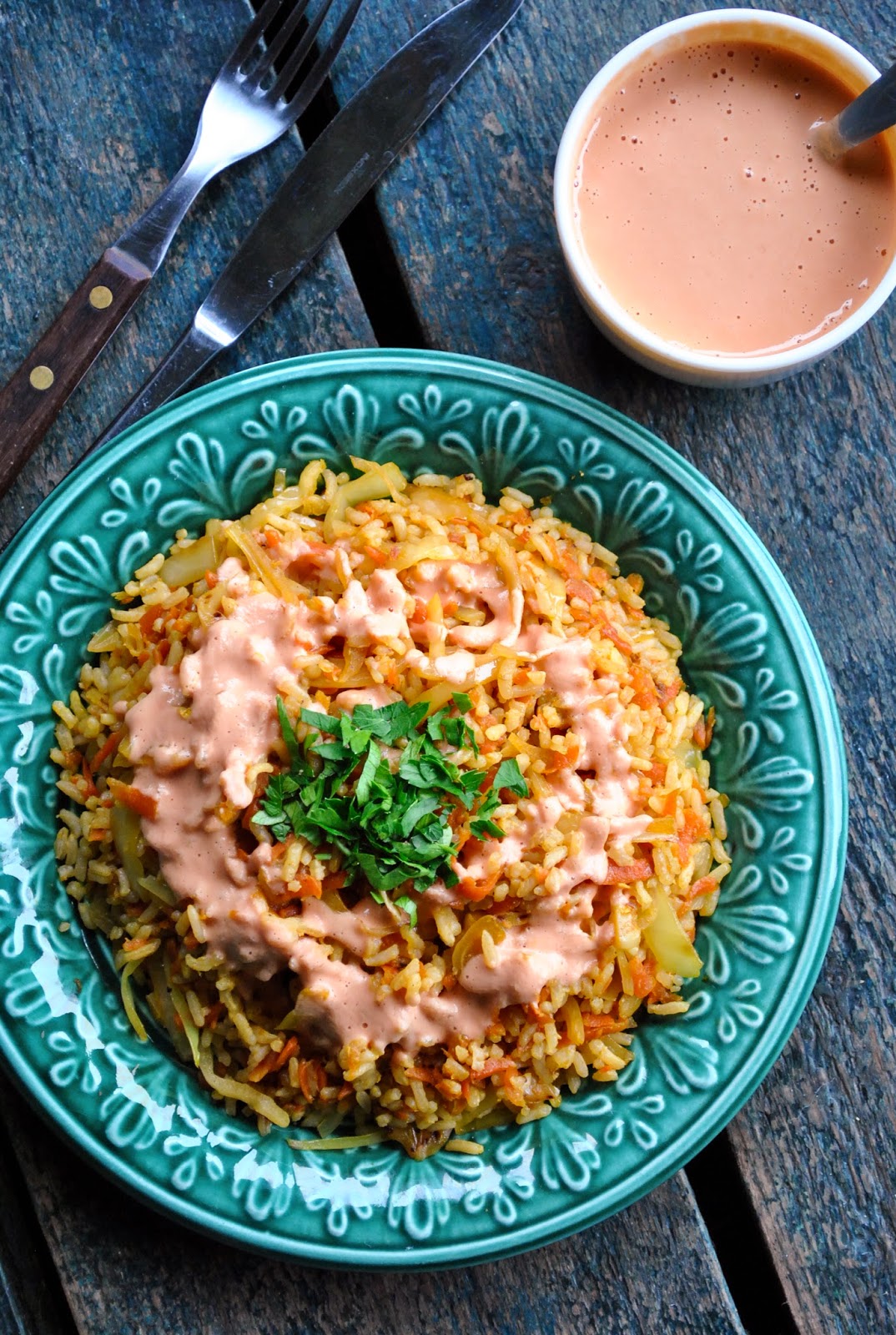 Simple rice and veggies with peanut and tomato sauce VeganSandra