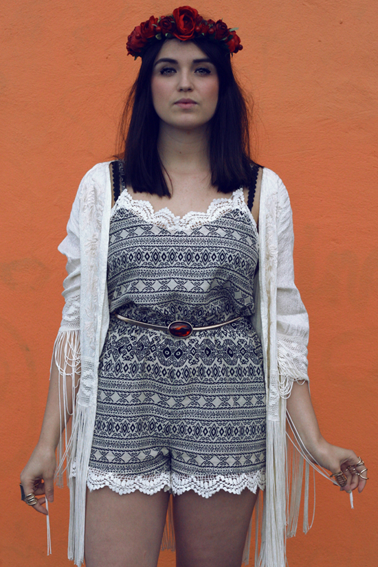 hippy, hippie, tassel, tassel kimono, kimono, aztec, aztec playsuit, art clothing, hearts and bows, lace, red rose, rose crown, rose headband , floral headband, festival headwear, gold rings, jeffrey campbell, platform boots, buckle platform boots