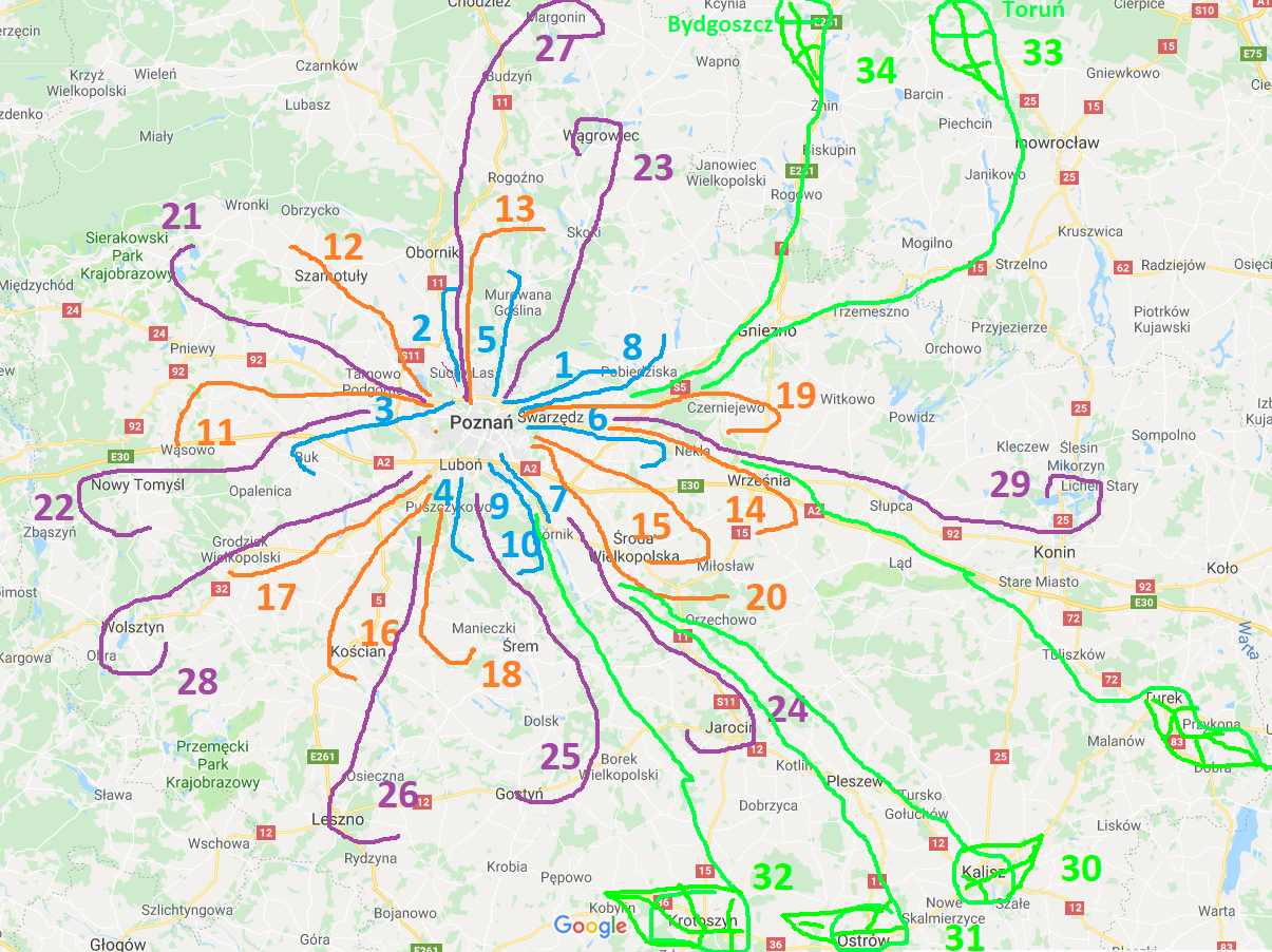 Mapka  wycieczek wokół Poznania