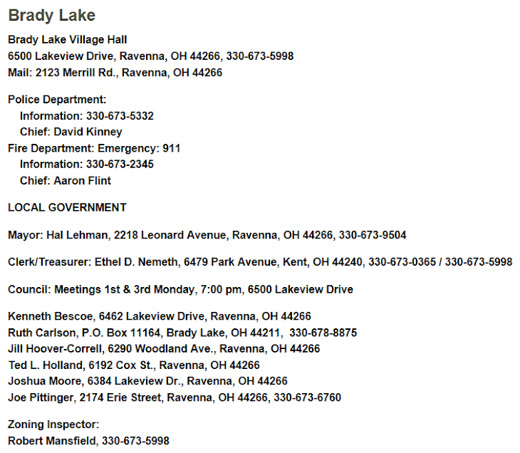 Here's how Brady Lake Village is listed with the Portage County District Library.