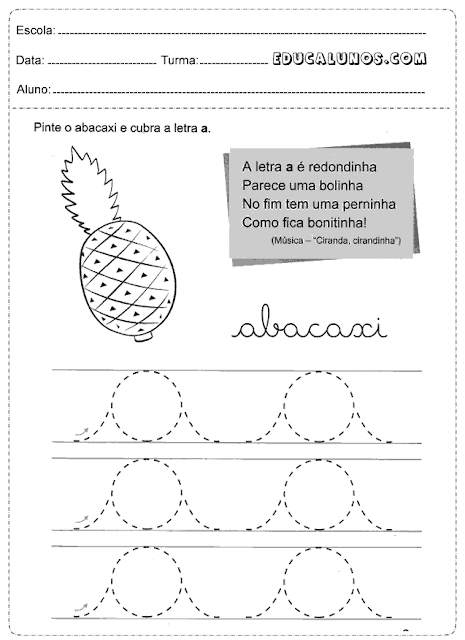 Pinte o abacaxi e cubra a letra A