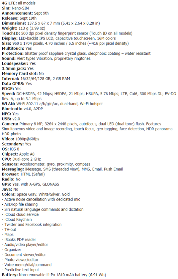 Apple iPhone 6 Specs and Features Apple iPhone 6 Specs and Features