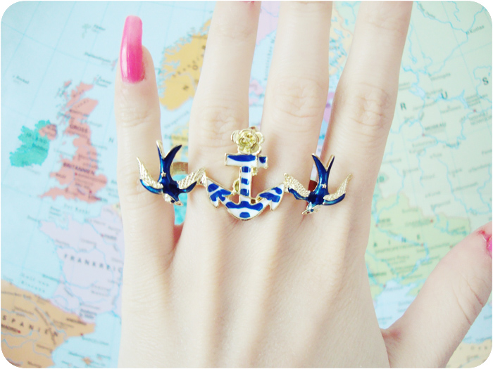 Swallows and Anchor Two Finger Ring, Jewelry, Rings, Two Finger Ring, Swallow, Anchor