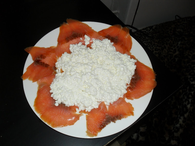 Plate of cottage cheese and salmon