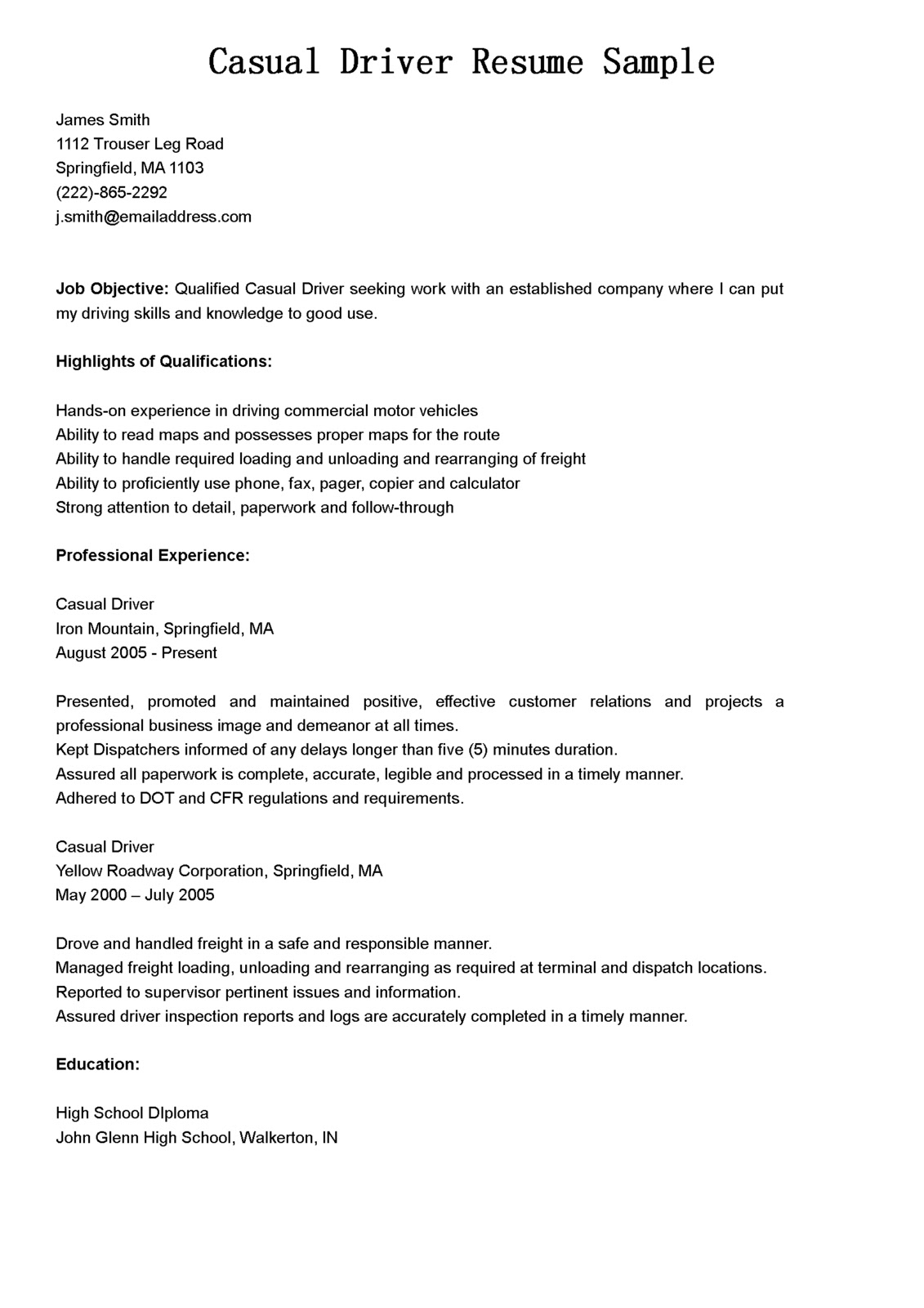 sample resume for truck driver with no experience