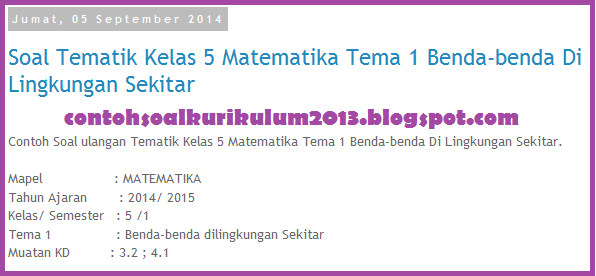 Soal Tematik Kelas 5 Matematika Tema 1 Bendabenda Di Lingkungan Sekitar  Contoh Soal Kurikulum 