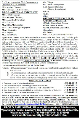 AUCET-2012 Detailed Admission Notice