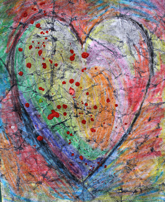 paper batik instruction drawing of a multi colored heart