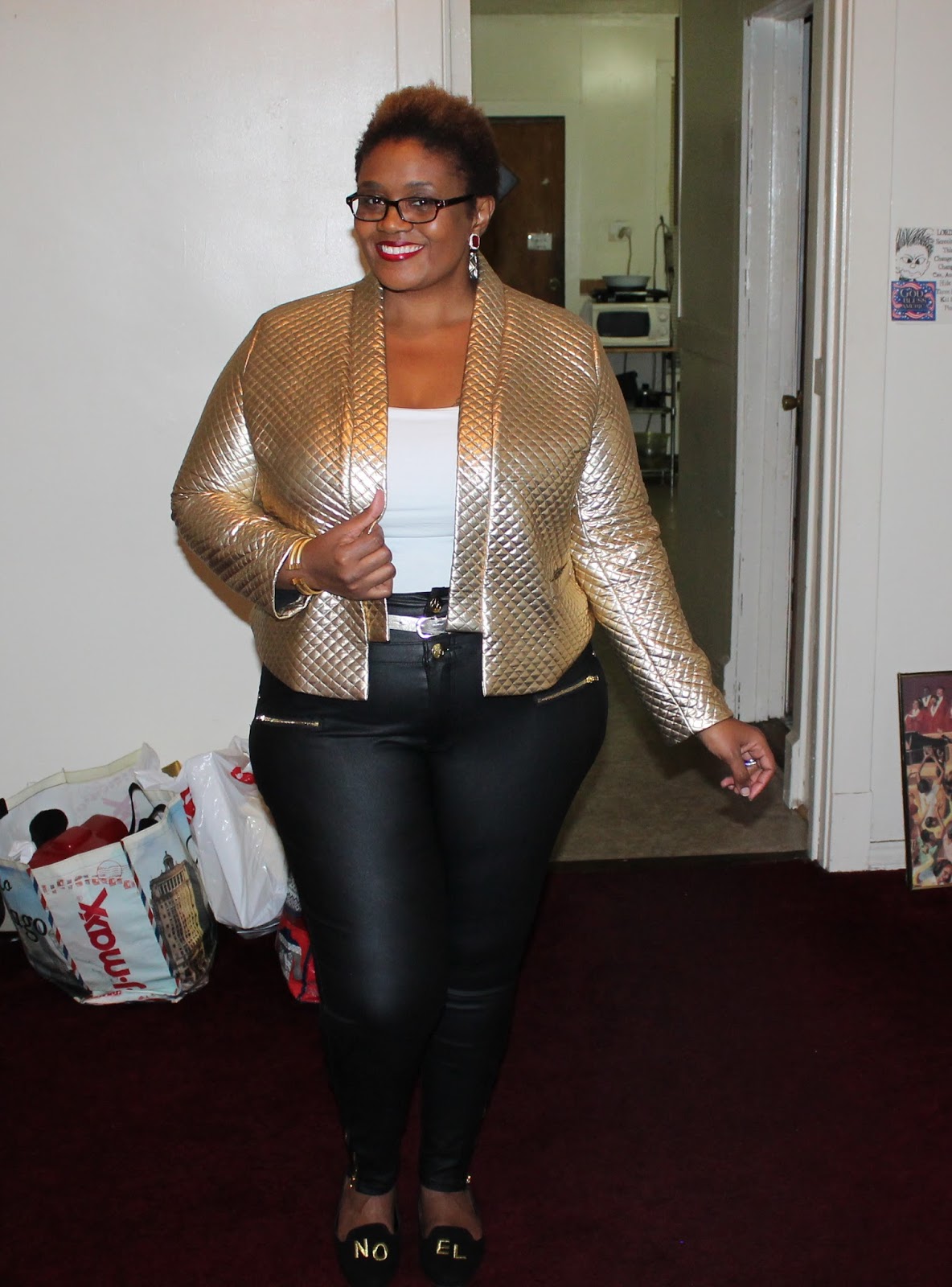 What I Wore Quilted Gold Liquid Leather Jeans Curvatude Gold Quilted Metallic Jacket Curly A Waitlist Liquid Leather Jeans N O E L Flats
