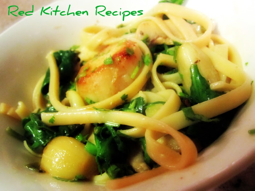 Red Kitchen Recipes Scallop Fettucine with Mushrooms, Spinach