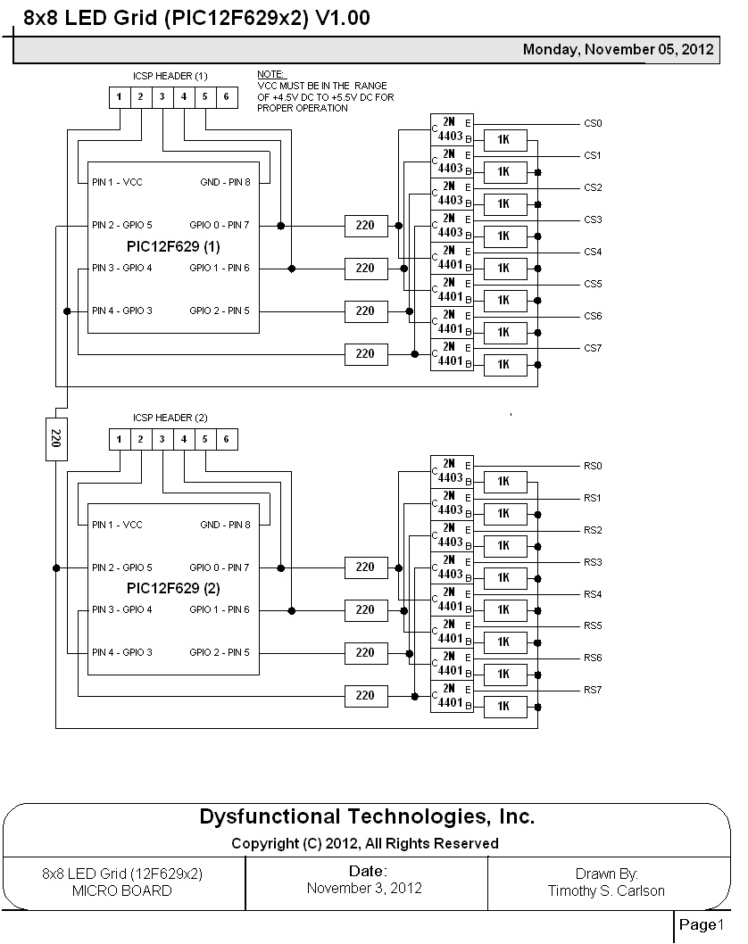 Dysfunctional Technologies 8x8 LED Grid Using Two PIC12F629s