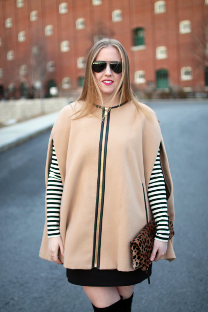 nude cape, black dress, stripes, boston blogger style, style blogger, over the knee boots, layers, 