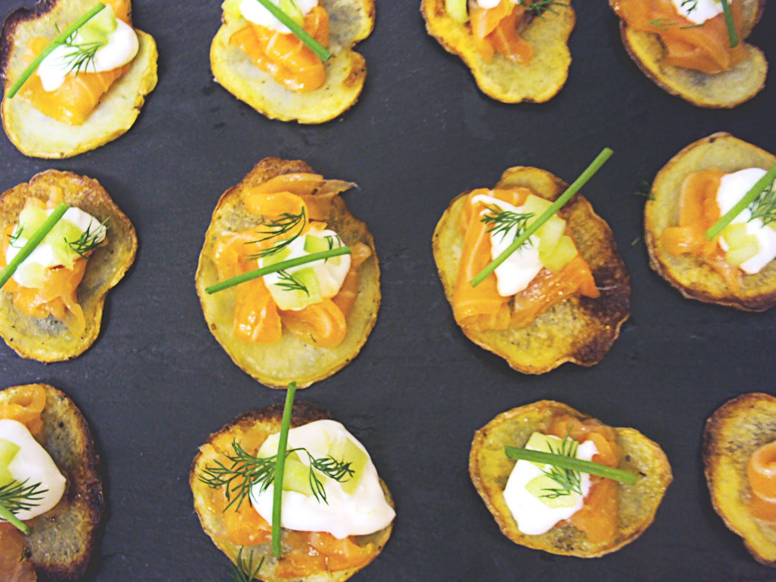 The Tomato Snob Homemade potato chips with smoked salmon and creme fraiche