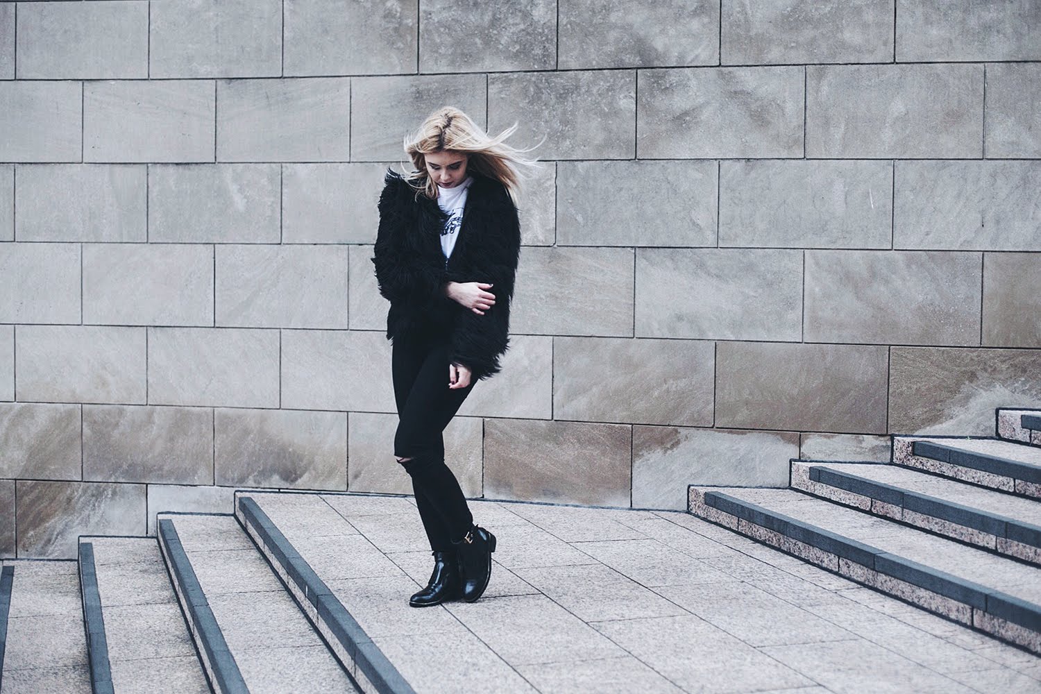 Missguided faux fur jacket and ripped jeans outfit