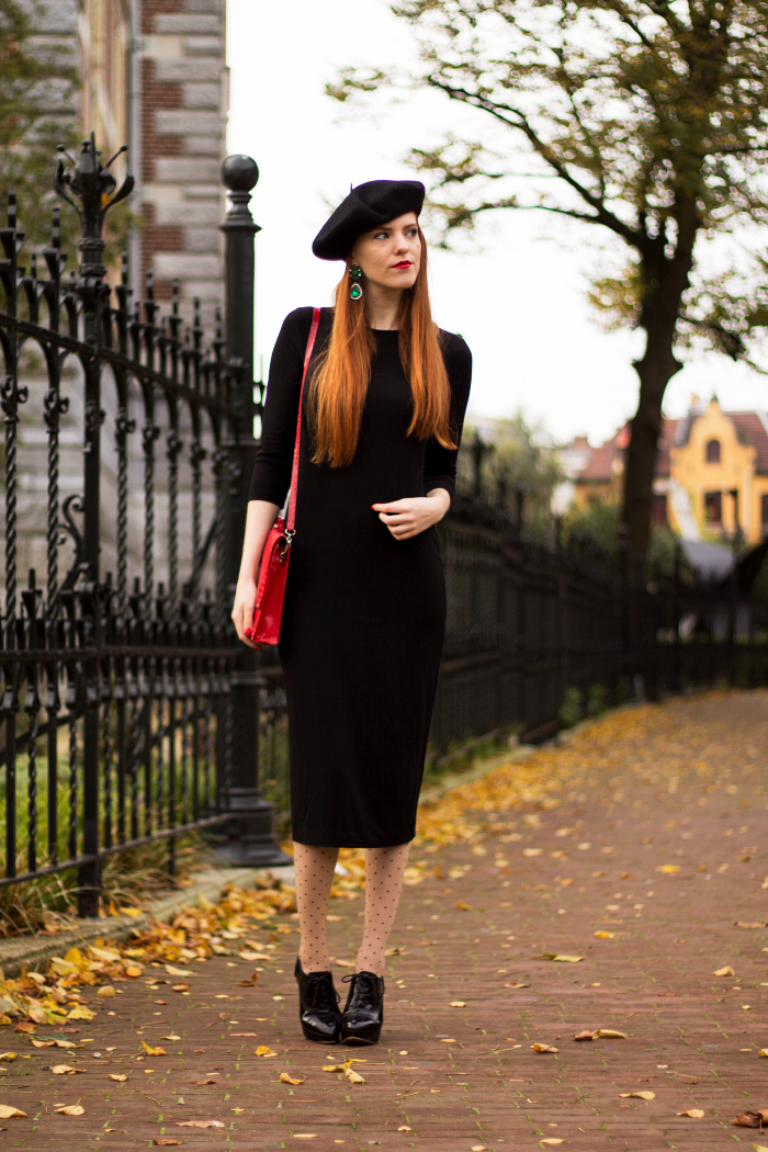 Polka dot seam tights, beret, black dress and emerald earrings vintage style outfit