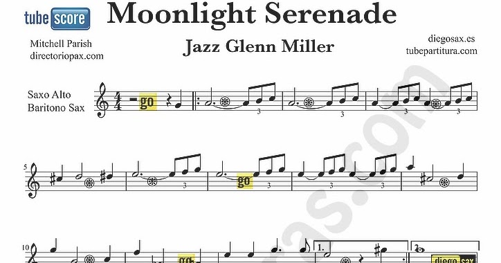 Tubescore Moonlight Serenade Sheet Music For Alto And Baritone Saxophone Glenn Miller Jazz Music Score
