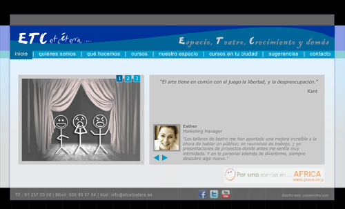 página web de ETC etcétera ... Espacio, Teatro, Crecimiento y demás: Cursos y talleres de teatro, teatro para divertirse, teatro terapéutico, terapia gestalt, interpretación para cine, teatro para empresas...