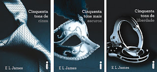 Cinquenta Tons de Cinza, de E. L. James Capa dos três livros da saga Cinquenta tons de cinza, de E. L. James