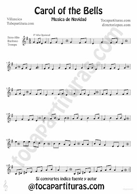 Tubepartitura Carol of the Bells partitura para Saxofón Alto, Barítono y Trompa villancico popular de Navidad
