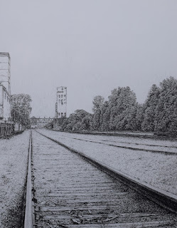 Pencil drawing, graphite, john huisman, minneapolis, skyline, bunge, tower, railroad tracks Pencil drawing, graphite, minneapolis, skyline, bunge, tower, railroad tracks, art by john huisman