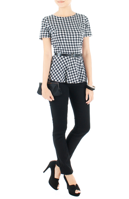Houndstooth Peplum Blouse with Sleeves