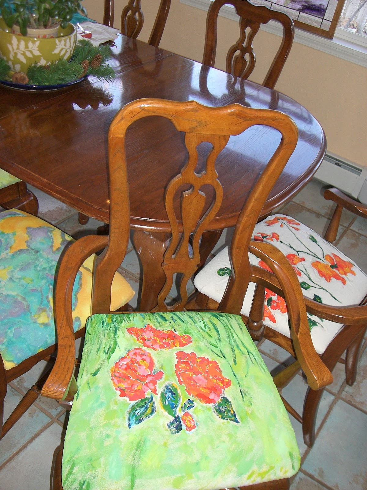 Nancy's Arts & Crafts Reupholstering Dining Room Chairs with Painted Silk