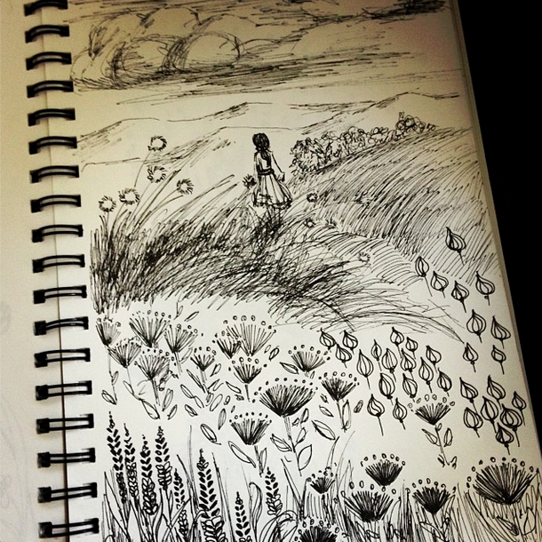 Sketchbook Ink drawing Meadow and Flowers by Nicole Piar Ink Sketch doodle flowers girl meadow nature Nicole Piar