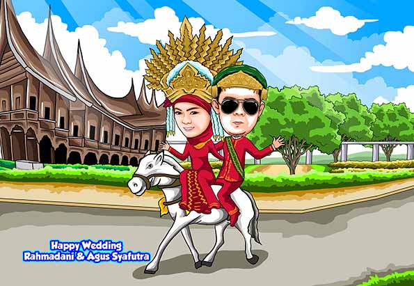 Jasa Karikatur Bikin Karikatur Di Medan Telp Wa 085296202126 Karikatur Wedding Adat Padang Di Rumah Gadang Naik Kuda Putih